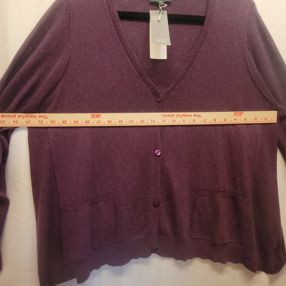 NWT Eileen Fisher LG Purple Plum Speckle Knit V Neck Cardigan Sweater Wool Silk - Picture 14 of 16